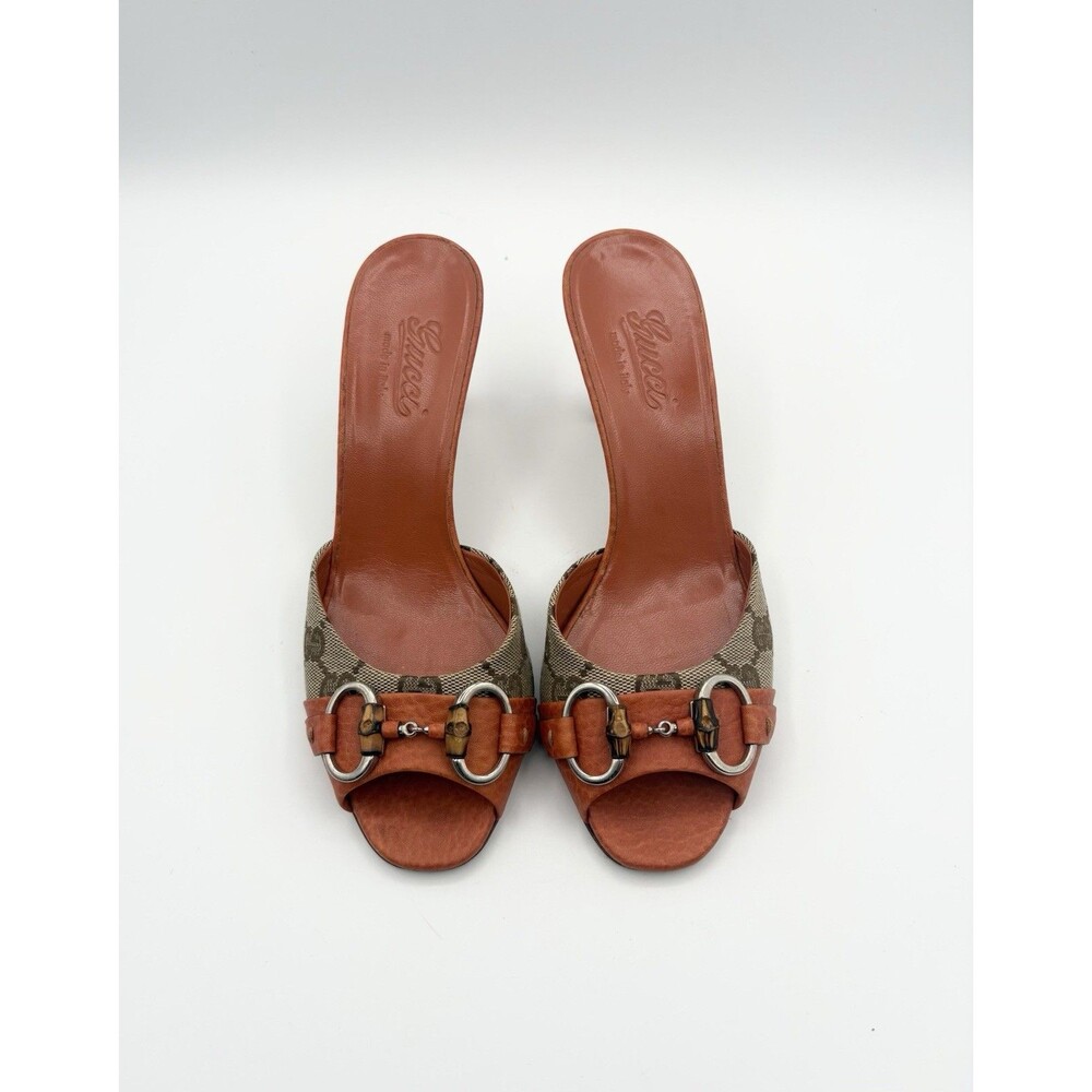 Gucci Tan Brown Logo Canvas Open-Toe Mules